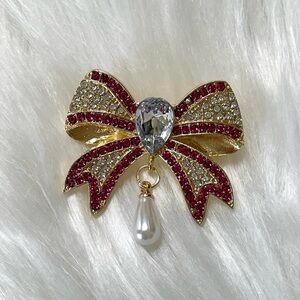 Bow Brooch Gold Tone Pink and Clear Crystals Pearl Drop